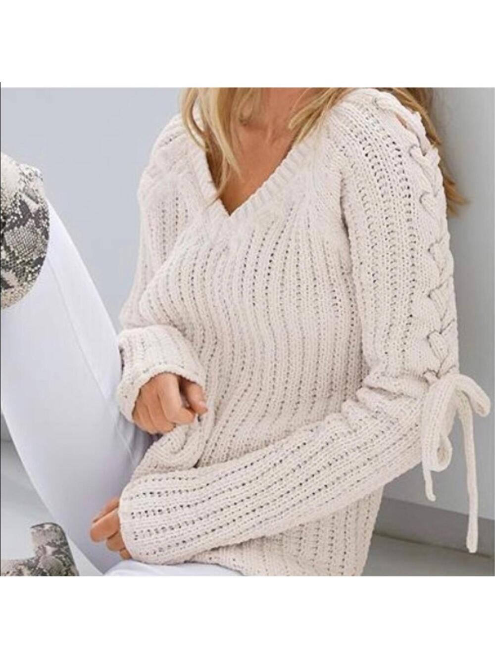 Ivory Chunky Knit V-Neck Chenille Sweater with Lace-Up Sleeves